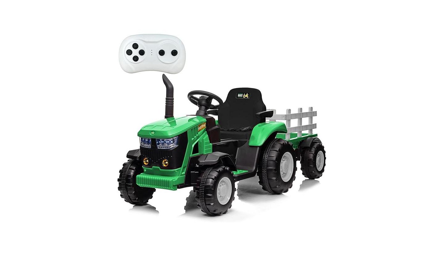 Детская игрушка homfan Ride on Tractor 12V Battery Remote Control with Detachable Trailer, 66 lb. Capacity, от 3 лет, цвет: Зелёный — фото 1
