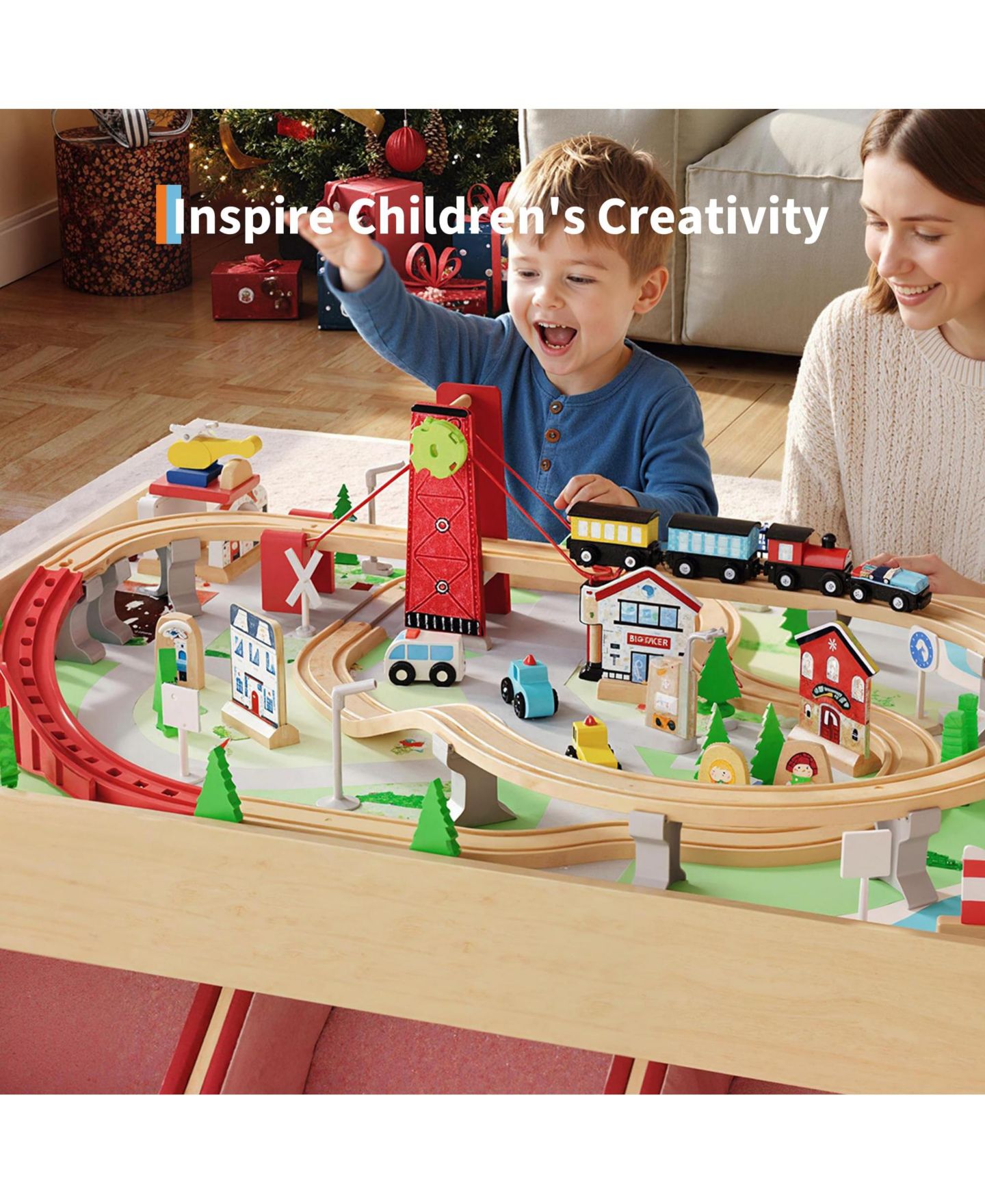 Детские игрушки homfan Multi-Level Tracks 92-Piece Wooden Train Activity Table with Storage — фото 3