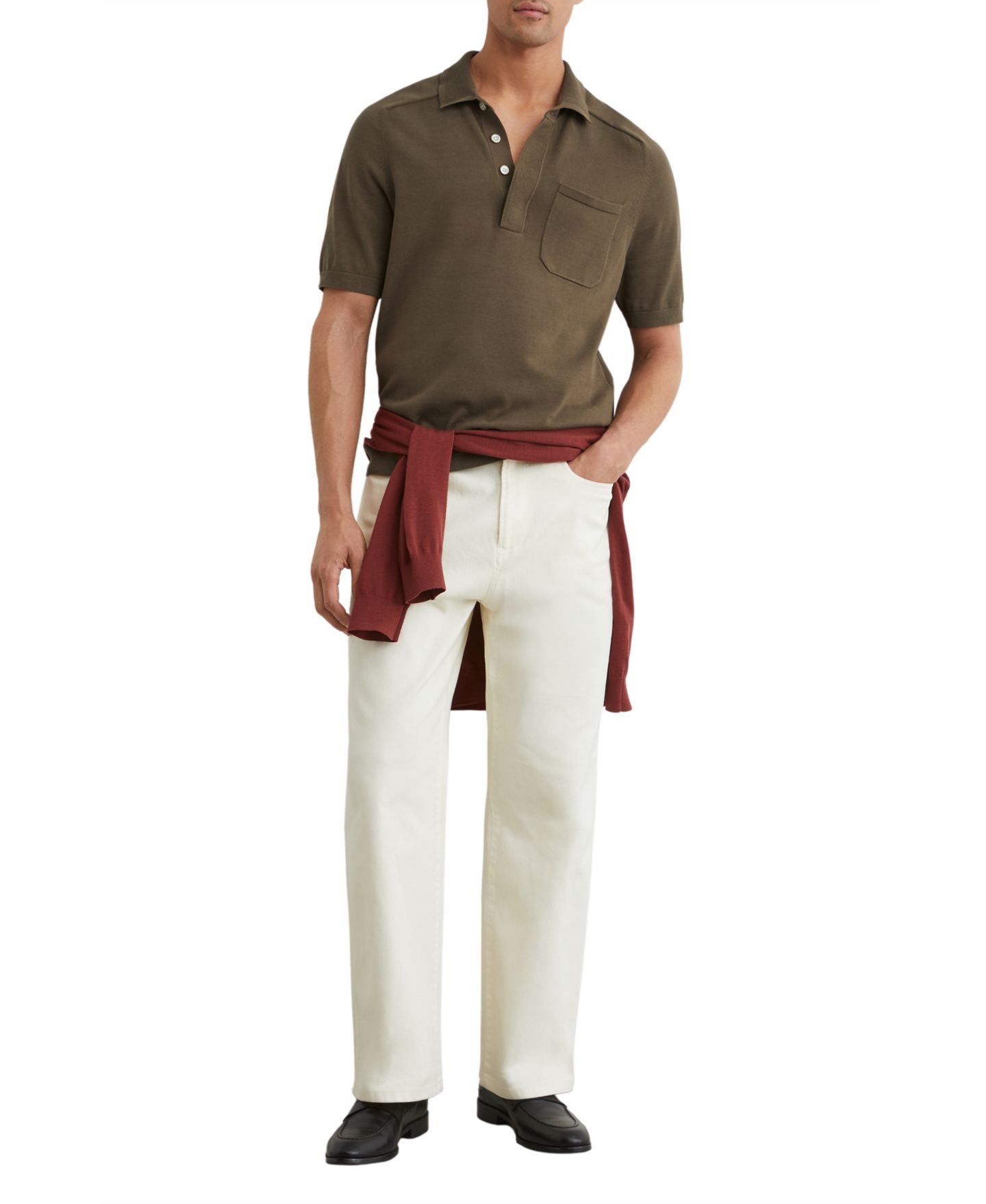 Мужское поло REISS Selkirk Cotton Knit Concealed-Placket Polo Shirt, цвет: Серо-коричневый коричневый — фото 3