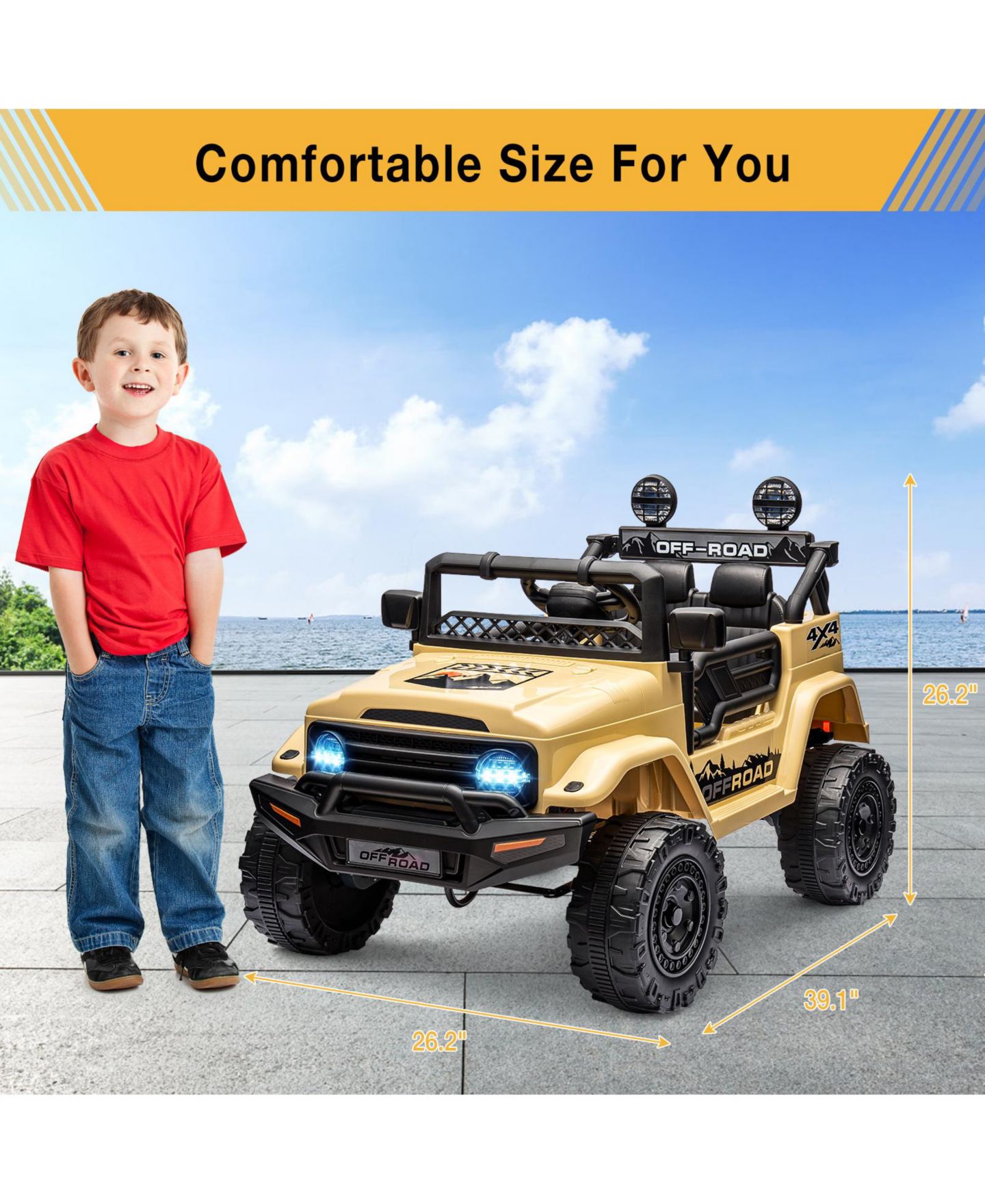 Детская игрушка homfan Ride-On Truck Car, 4-Wheel Electric Vehicle, Remote Control, LED Lights, Music and Horn, Suspension, Dual Speeds, цвет: Бежевый / Хаки — фото 2