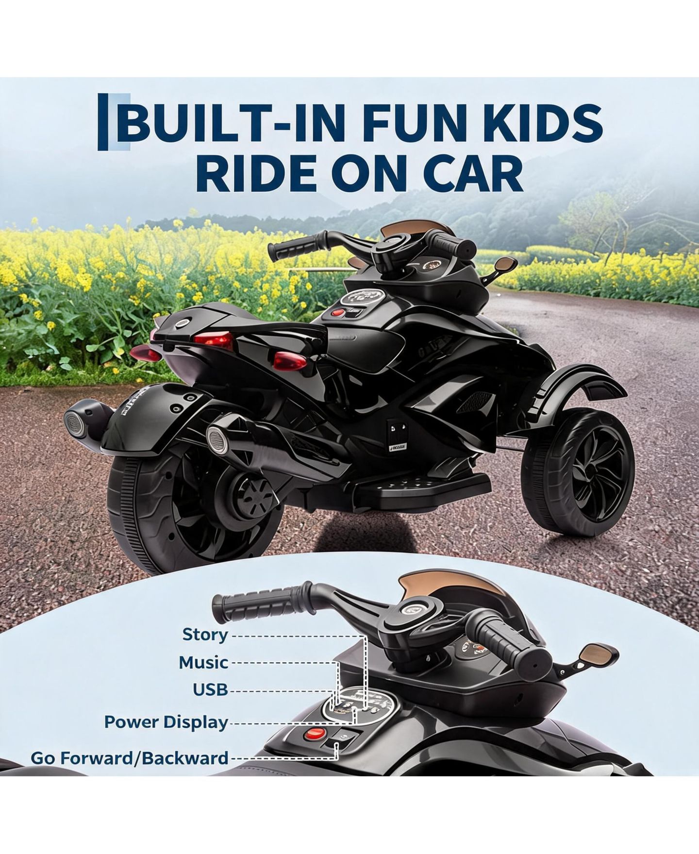 Детская игрушка homfan Dual Motor Electric Ride-On Car with Music and Colorful Lights, 66 lb. Capacity, Ages 3-6, цвет: Чёрный — фото 6