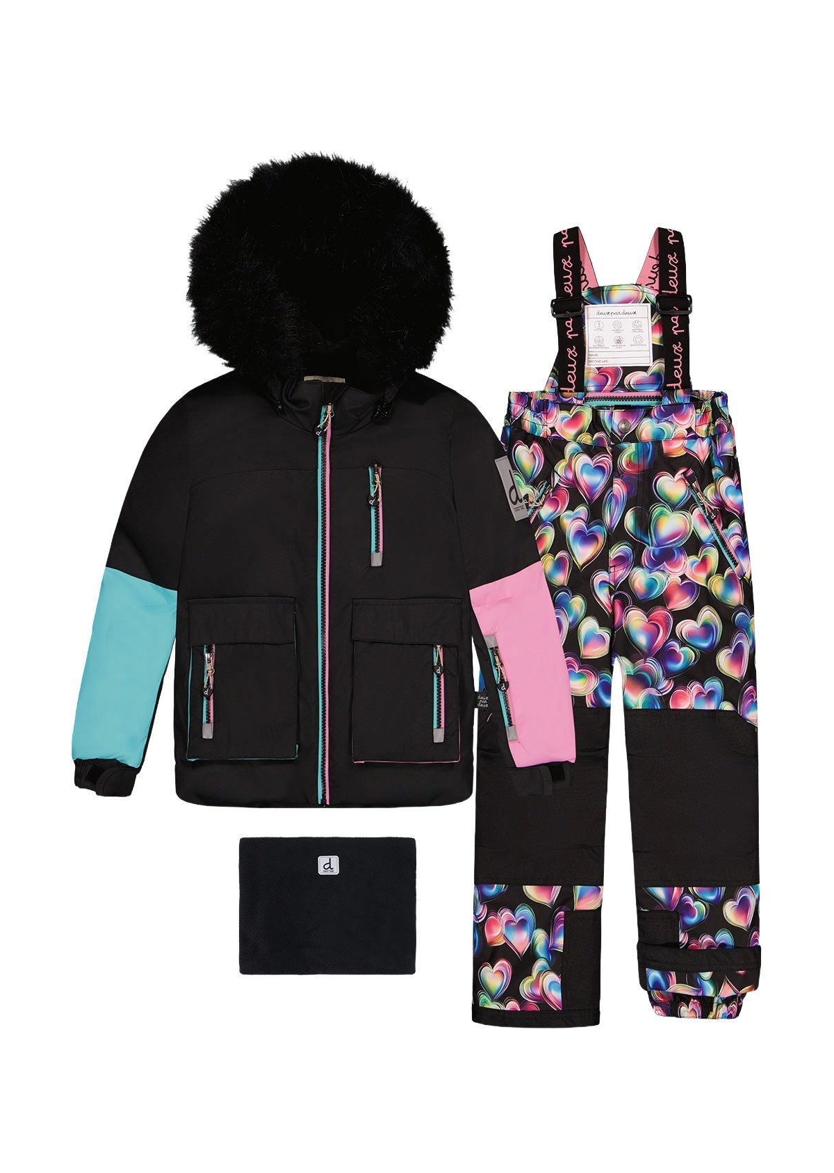 Deux par Deux Little and Big Girl (6 -14) Two-Piece Play Snowsuit - Blue, pink and black heart print