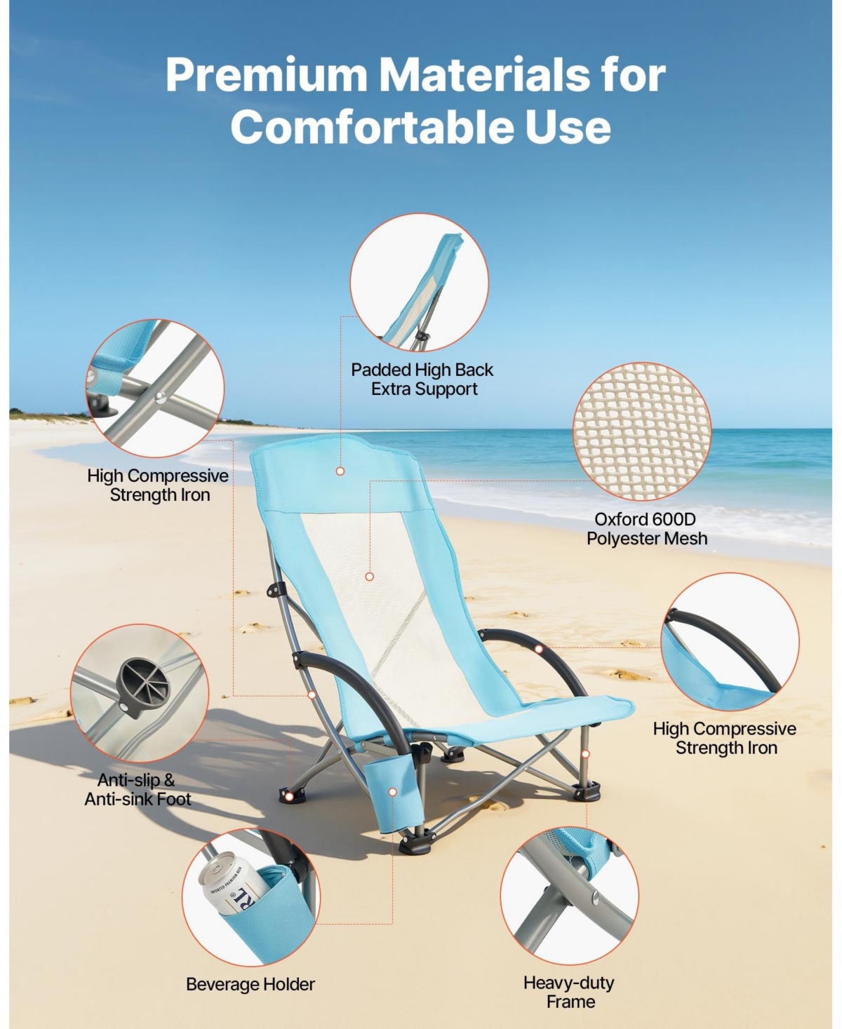 Mecale Folding Beach Chair High Back 330 lbs with Mesh Back and Carry Bag
