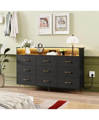 Modern 9-Drawer Dresser with RGB LED Lights, Wooden Storage Cabinet with 3 Outlets and 2 USB Ports, Spacious Chest for Bedroom