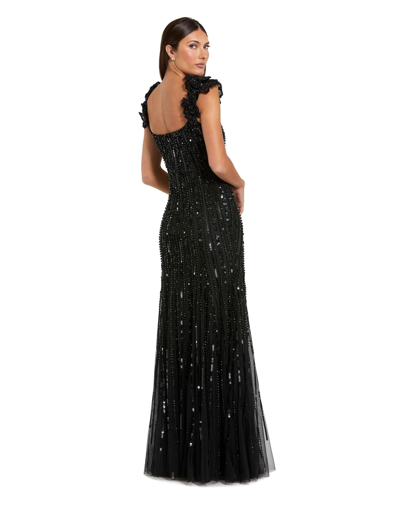 Женское платье Mac Duggal Floral Shoulder Sequin Mesh Evening Gown, цвет: Чёрный — фото 2
