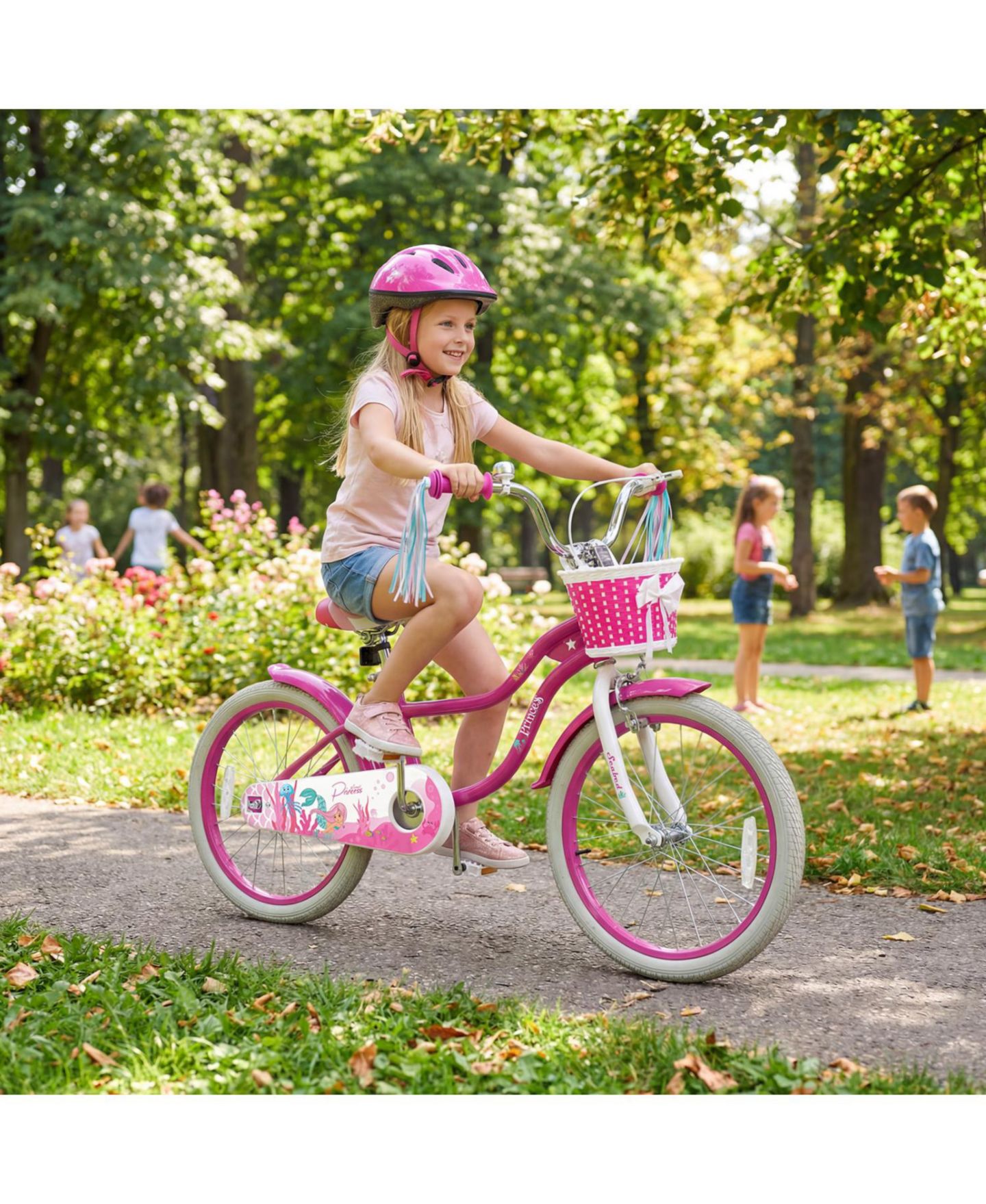Детская игрушка Slickblue 14" Kids Bike with Adjustable Seat, Training Wheels & Front Basket, от 3 лет, цвет: Розовый красный — фото 2