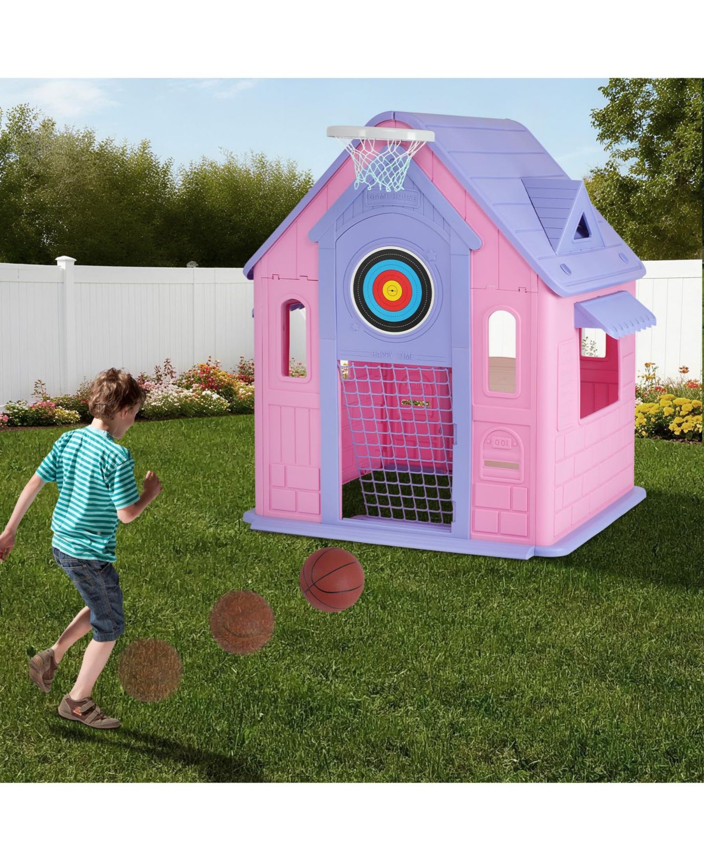 Детская игрушка homfan Kids Outdoor and Indoor Playhouse Cottage, Toddler Playground with Basketball Hoop for Ages 2 — фото 3