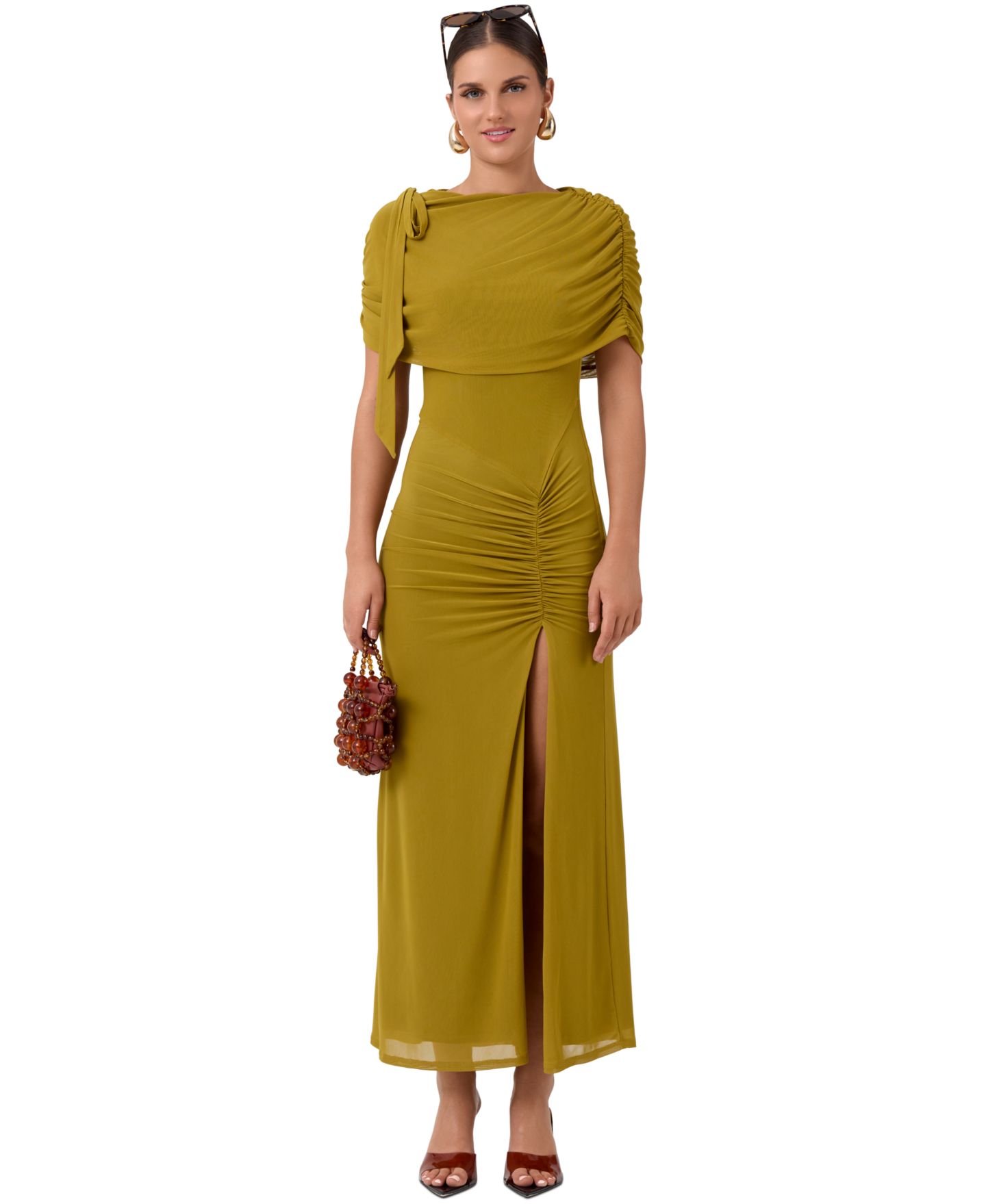 Женское платье RACHEL Rachel Roy Ivy Mesh Midi Dress, Off-the-Shoulder, Ruched, Front Slit, цвет: Экрю оливковый — фото 3