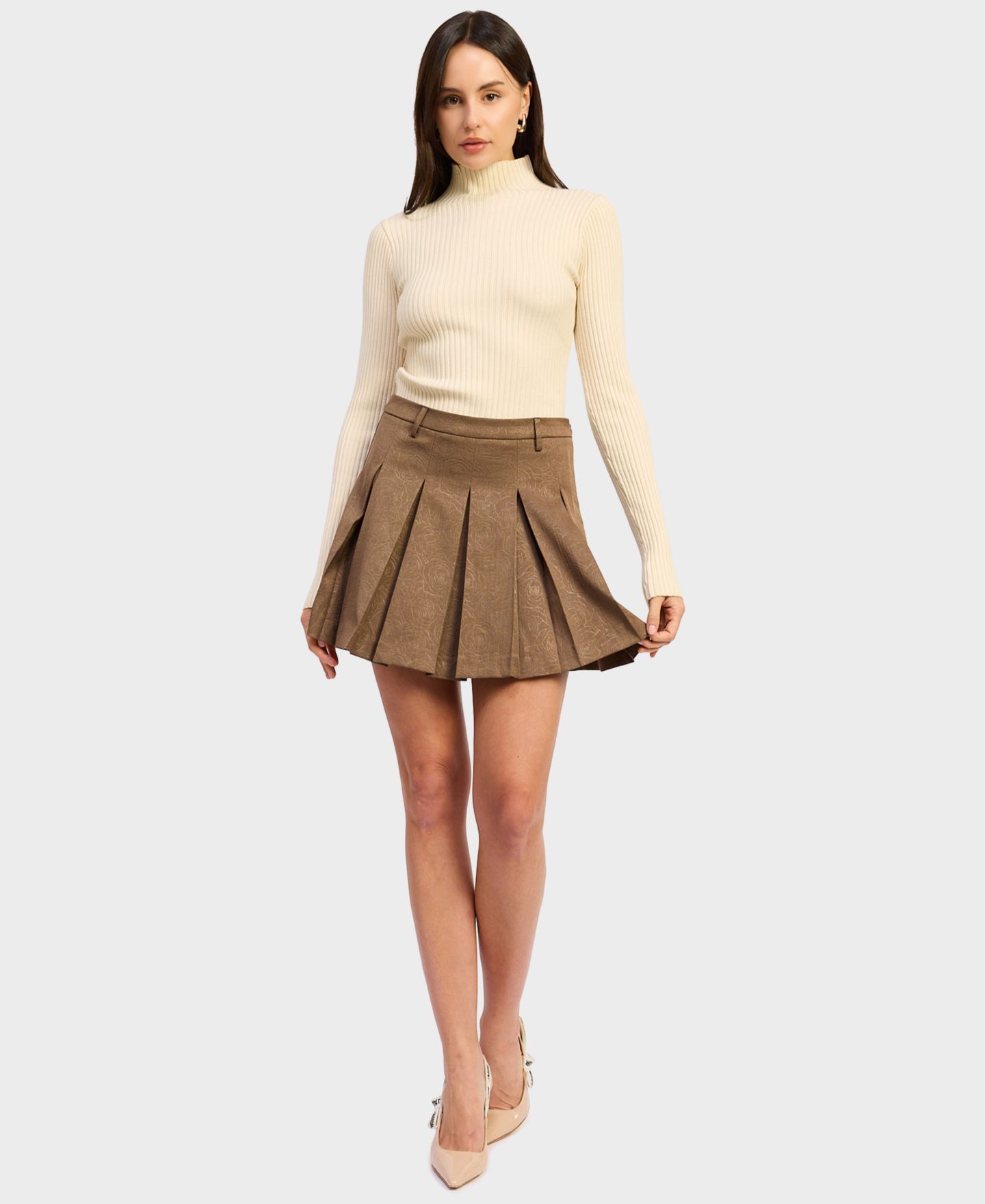 Женская юбка En Saison Portia Pleated Floral-Print Mini, цвет: Коричневый — фото 2