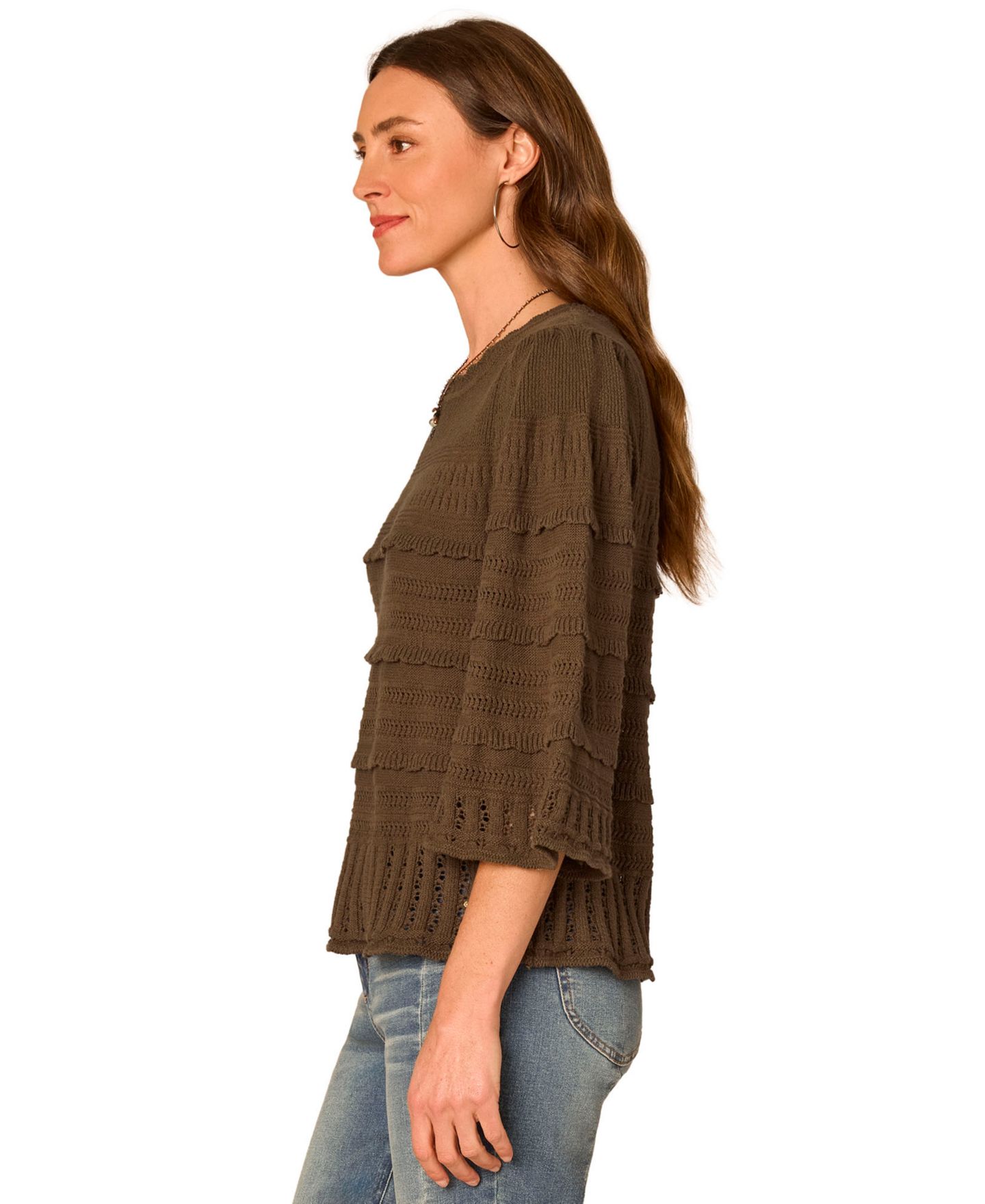 Женский свитер Democracy Petite 3/4-Length Bell-Sleeve Scalloped-Edge, цвет: Тёмно-зелёный мох — фото 2