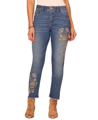 Women's Petite High-Rise Slim Floral-Embroidery Jeans