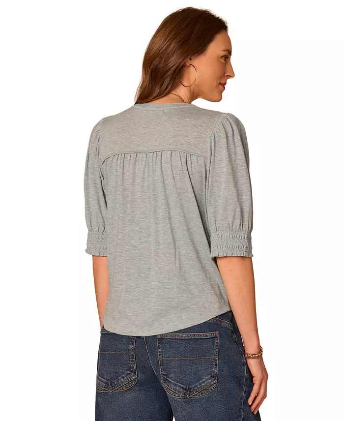 Petite Mandarin Collar Blouson-Sleeve Knit Top - thumbnail 3