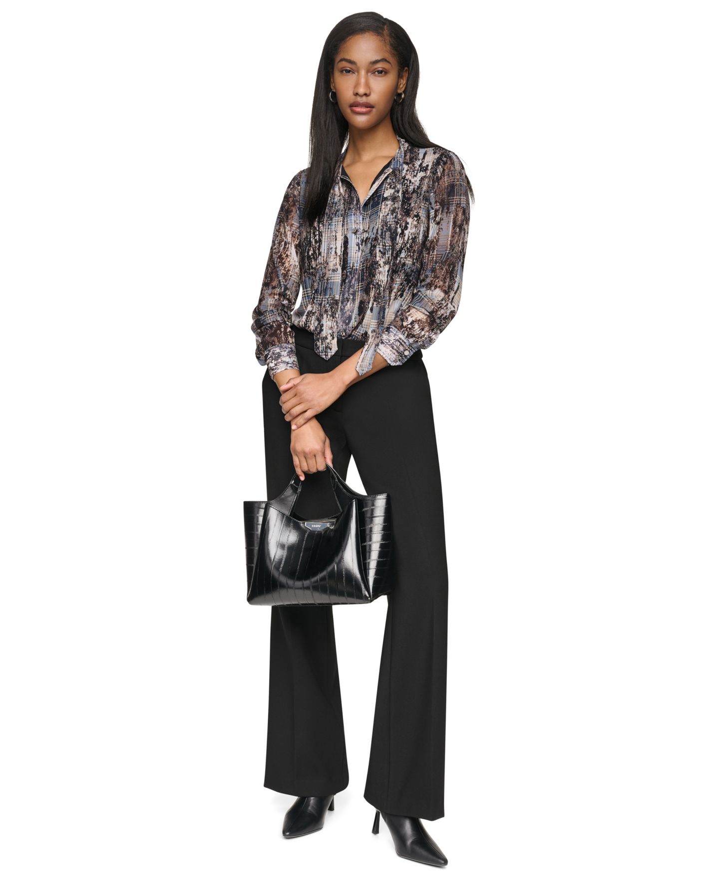 Женская блузка DKNY Tie-Neck Long-Sleeve Crinkle Chiffon Blouse, цвет: Тёмно-синий / Разноцветный — фото 3