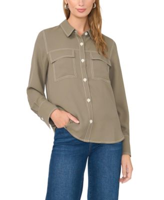 Women's Contrast Stitch Button Front Collared Top