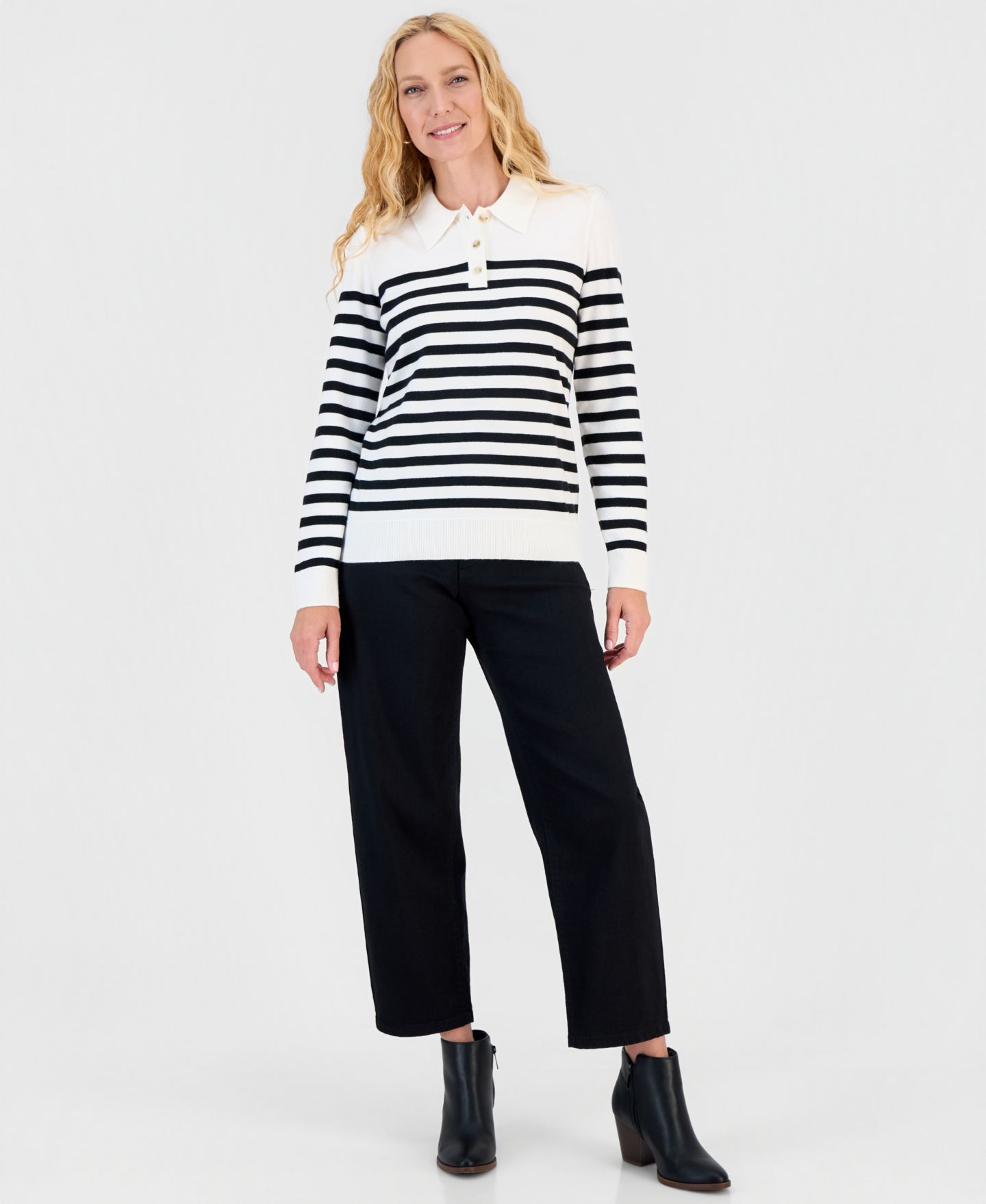 Женский свитер Style & Co Stripe Long-Sleeve Polo, цвет: Ванильный — фото 3