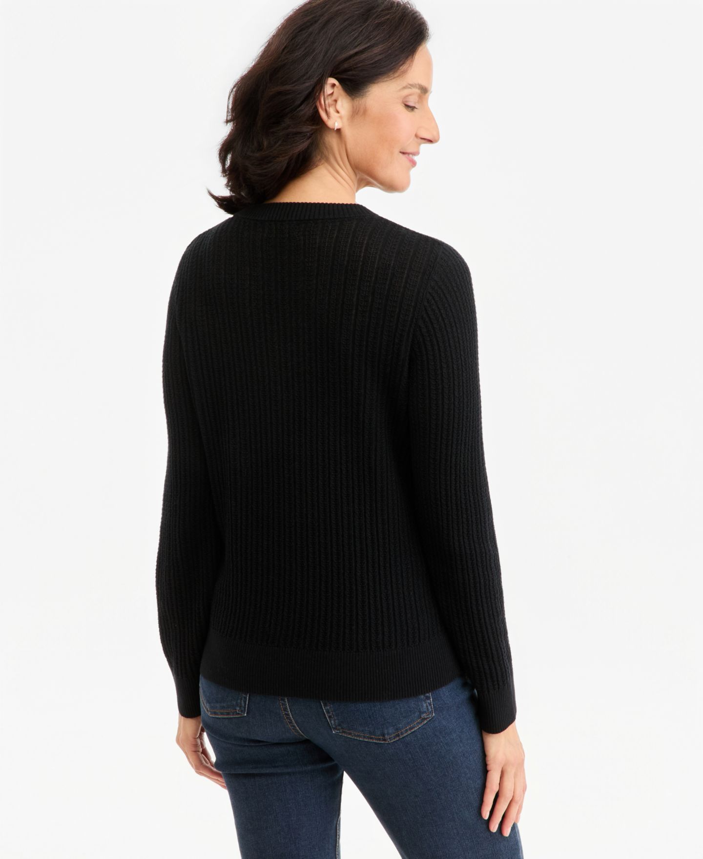 Женский свитер Style & Co Petite Mix Stitch Crewneck Cotton, цвет: Глубокий чёрный — фото 2