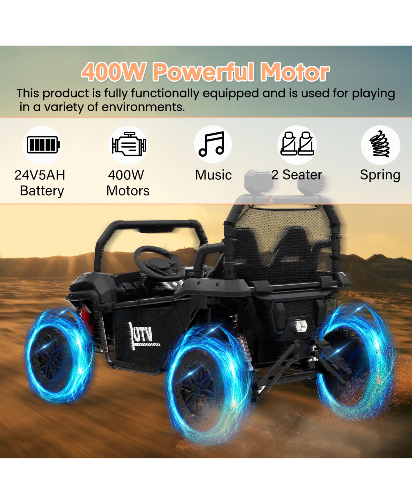 Детская игрушка homfan 2-Seater Electric Ride-On UTV Car, Remote Control, Spring Suspension, LED Lights, Wireless, Spacious Seat, Treaded Tires, Metal Frame, цвет: Чёрный — фото 4