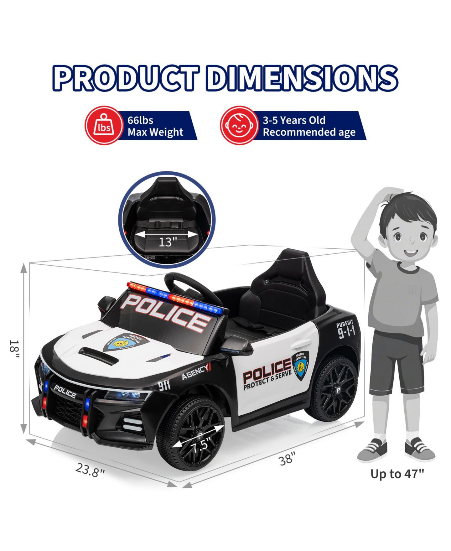 Детские игрушки homfan 12V Licensed Toyota Police Ride On Car, 4WD, Remote Control, LED Lights, Music, Spring Suspension, Safety Belt, Truck Bed Storage, цвет: Белый — фото 2