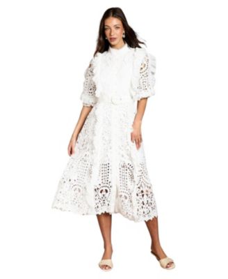 Women's Lace-Ruffle Belted Midi Dress