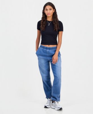 Juniors' High-Rise Star-Applique Denim Jogger