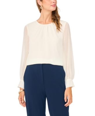 Women's Gathered Crewneck Long-Sleeve Chiffon Blouse