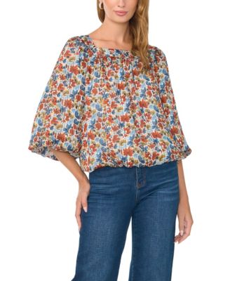 Women's Floral Square Neck 3/4-Sleeve Blouse
