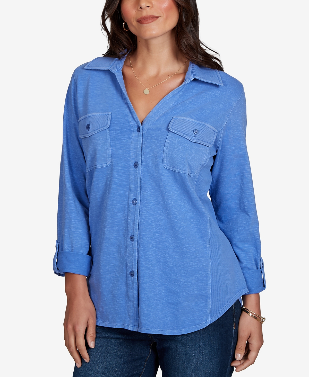 Ruby Rd. Petite Rib Trim Button-front Knit Top In Blue Bird