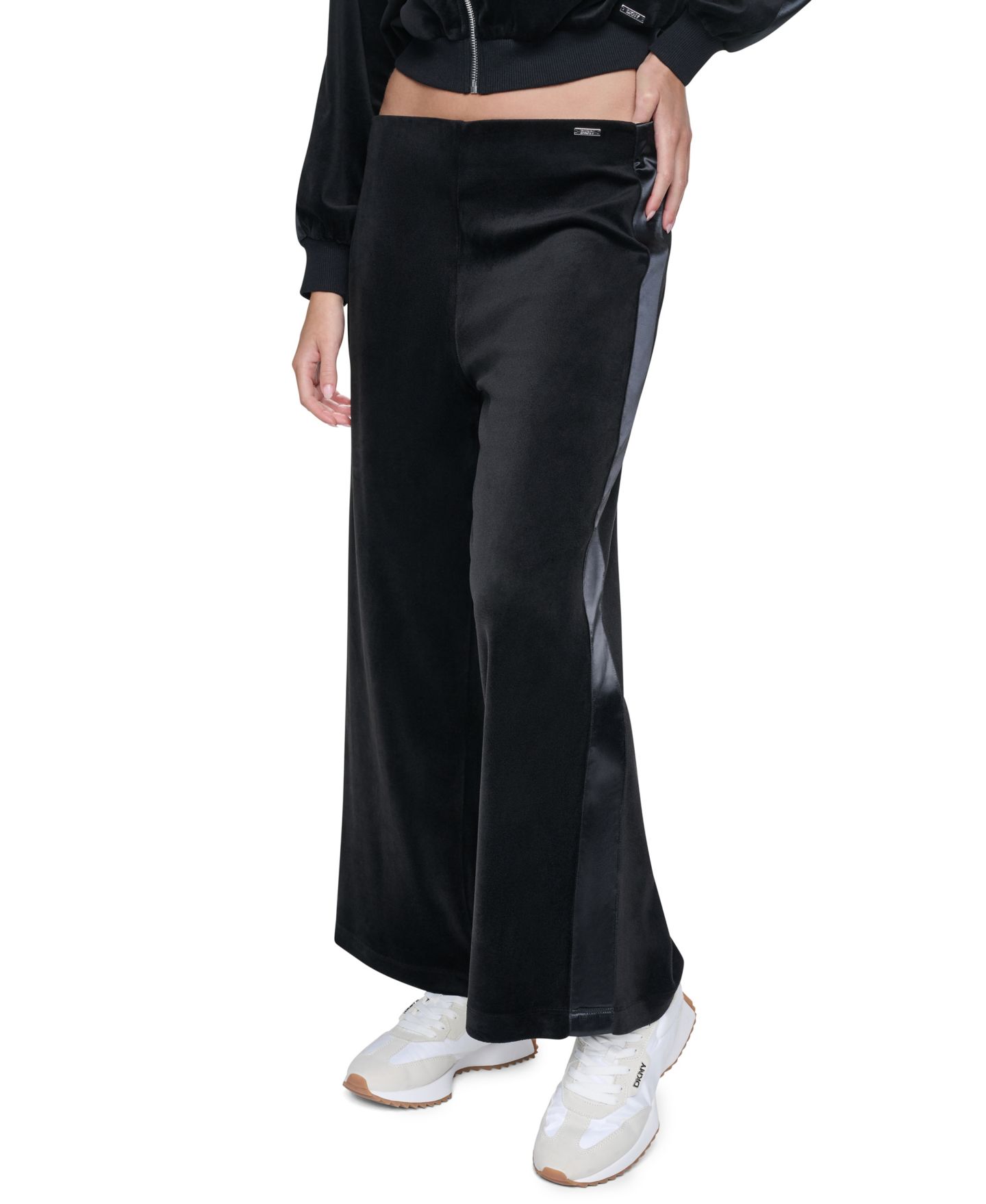 Женские брюки DKNY Jeans Petite Velour and Satin Trim Pull-On Wide-Leg, цвет: Чёрный — фото 4