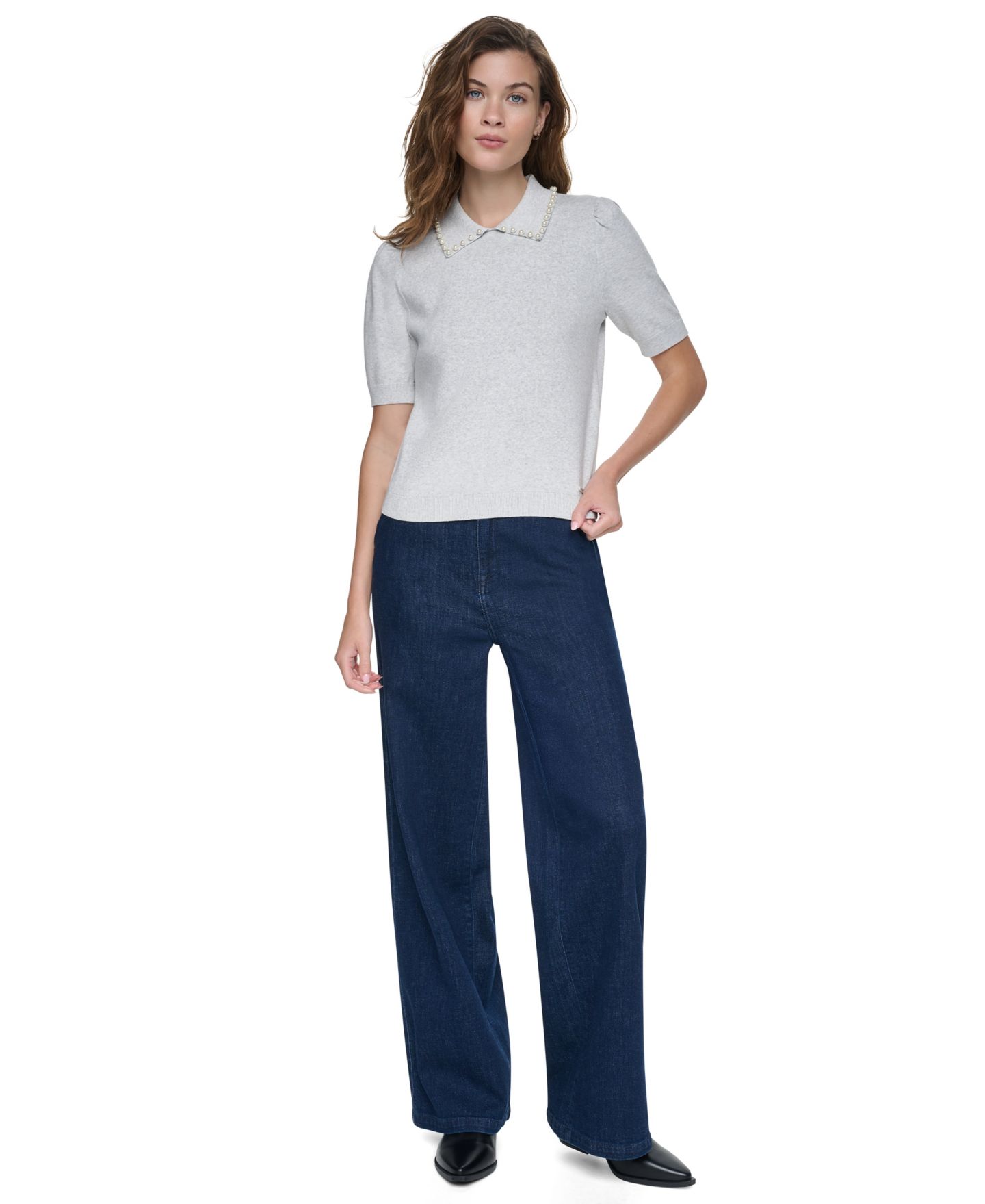 Женский свитер DKNY Jeans Petite Embellished Short-Puff-Sleeve Polo Sweater, цвет: Небесно-голубой серый меланжевый — фото 2