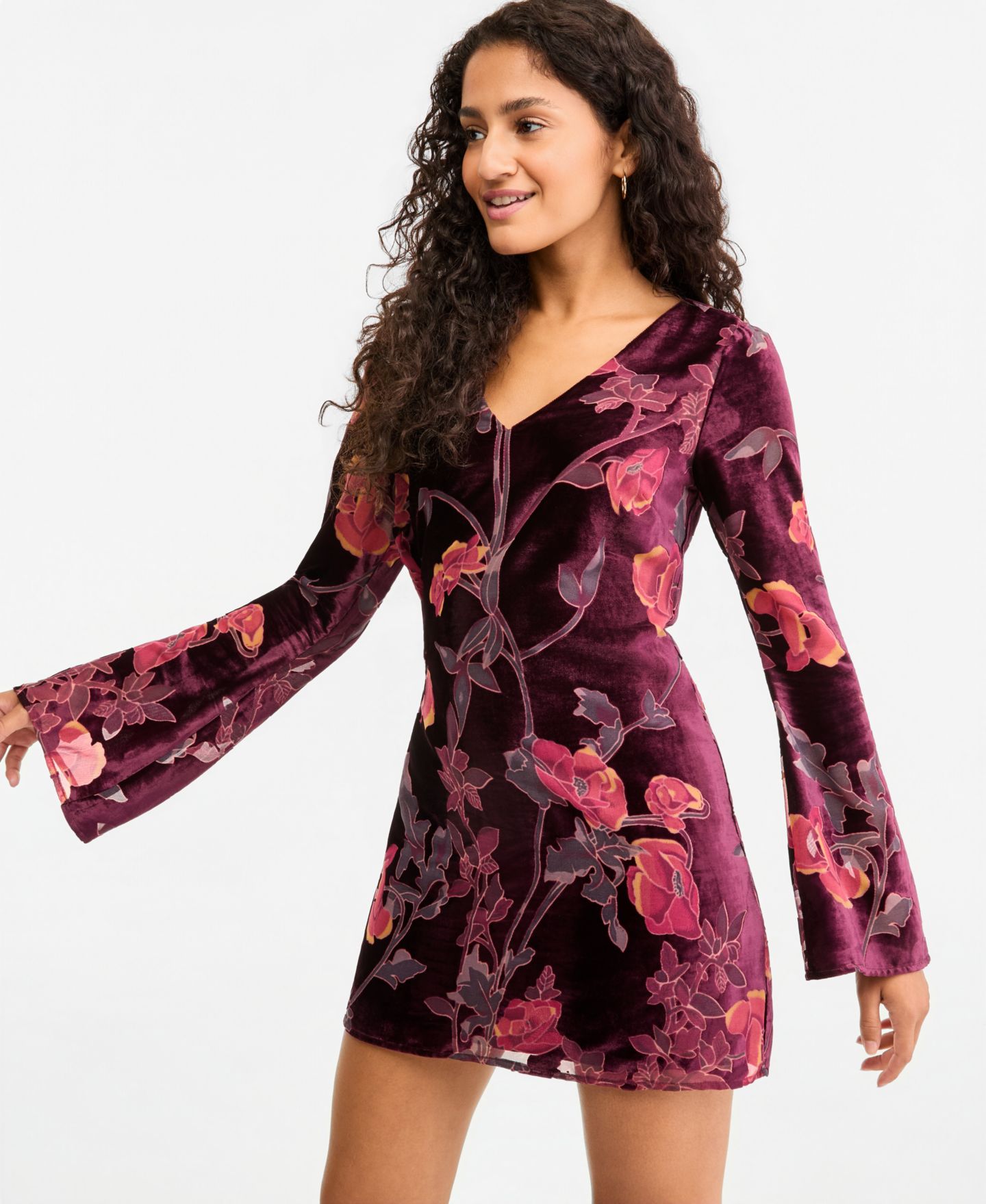 Женское платье SENI & CADE Burnout Velvet Floral-Print Bell Sleeve Mini, цвет: Чёрный разноцветный — фото 2