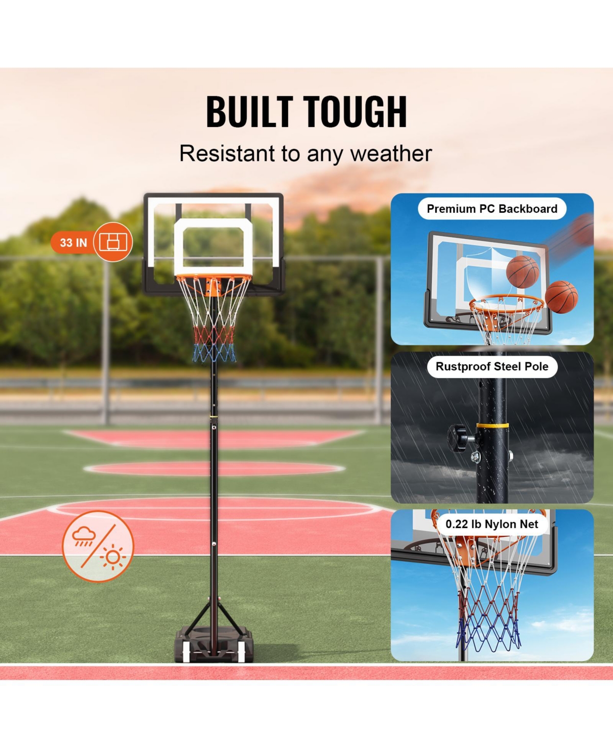 Vevor 32" Basketball Hoop Adjustable Height Backboard System for Outdoor Indoor