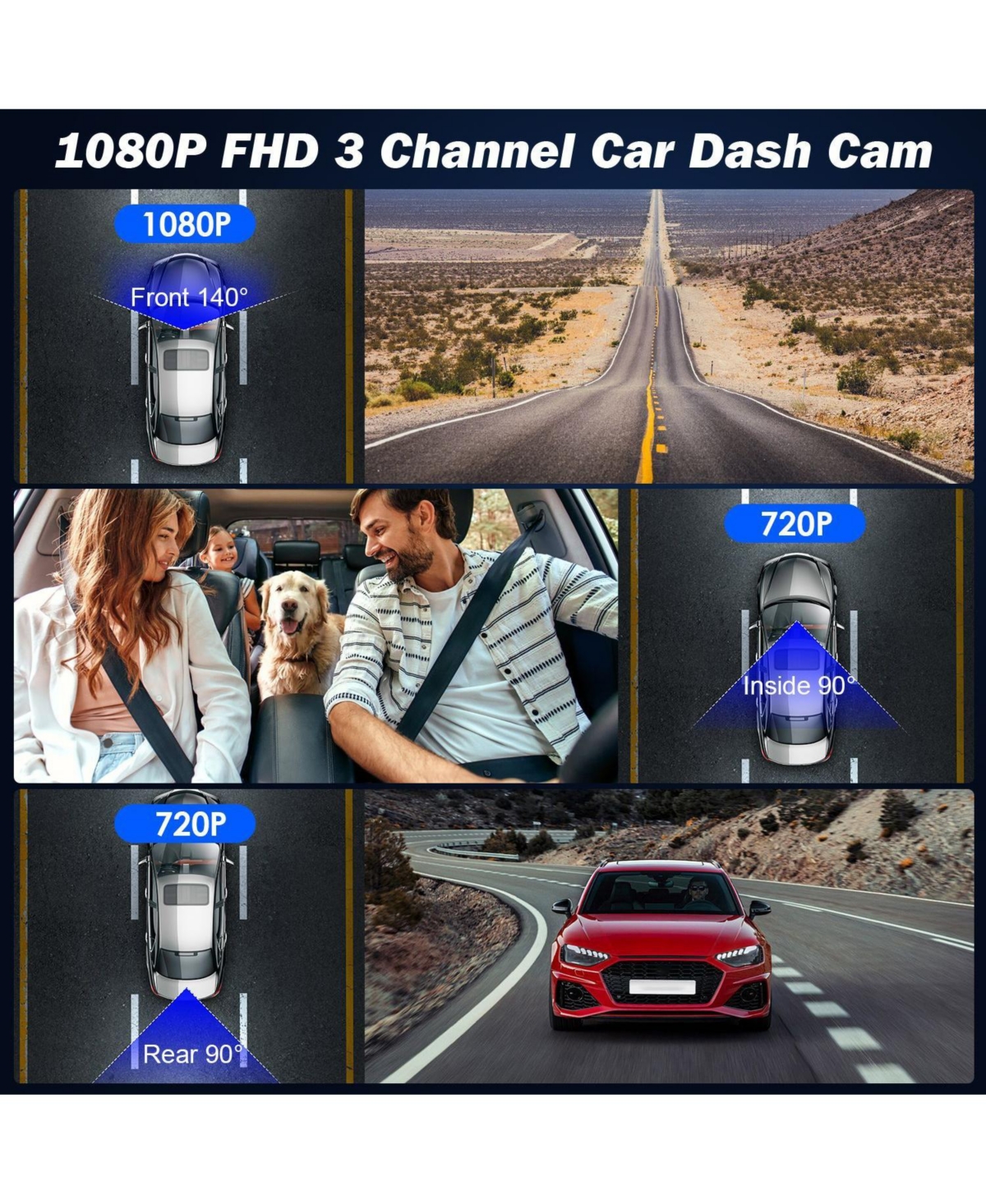 Neewer 1080P 3-Channel Dash Cam with WiFi App Control, Night Vision, Loop Recording, Front, Rear and Inside Cameras, 64G Card