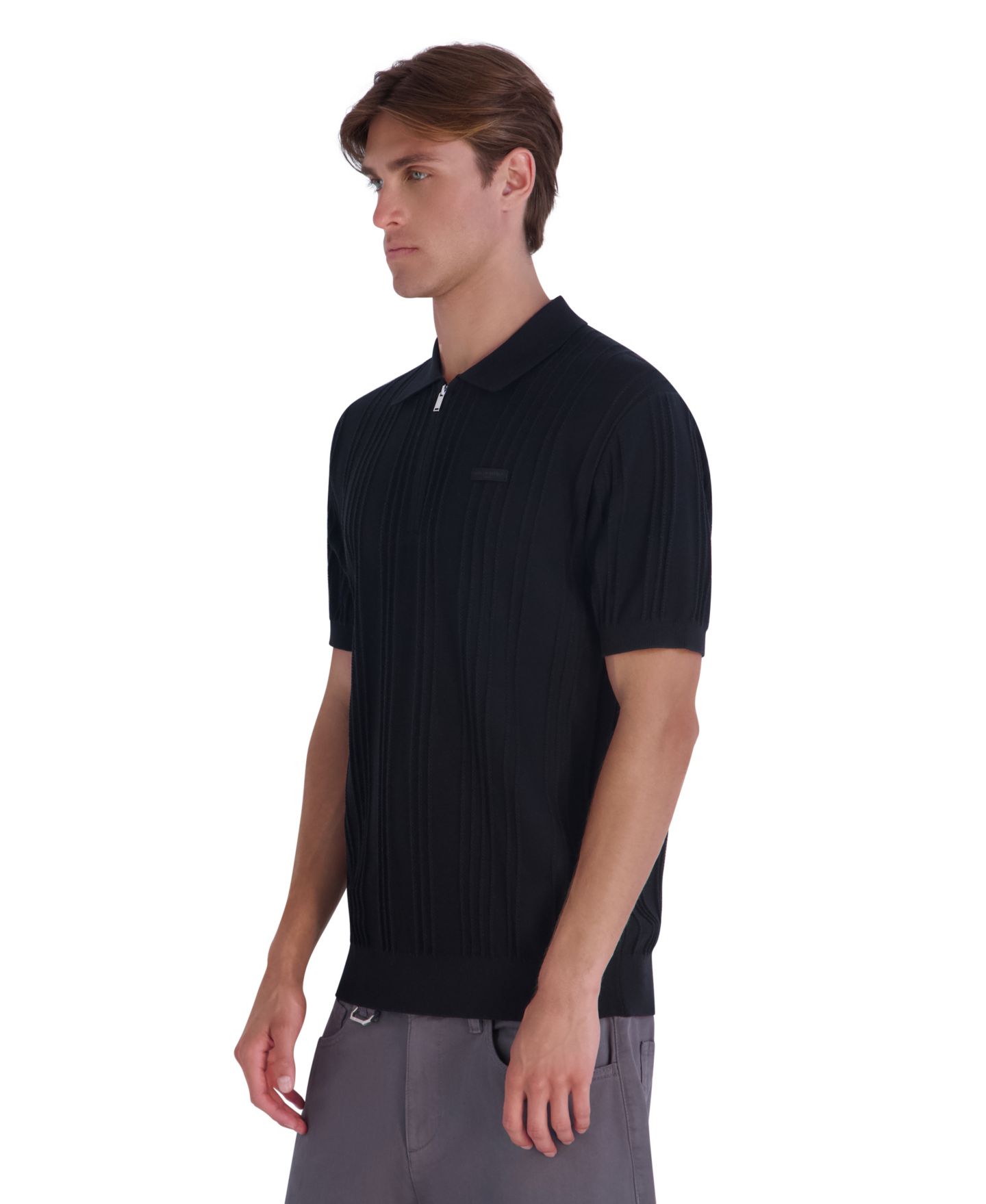 Мужской свитер KARL LAGERFELD PARIS Leather Patch Quarter-Zip Polo Sweater, цвет: Чёрный — фото 3