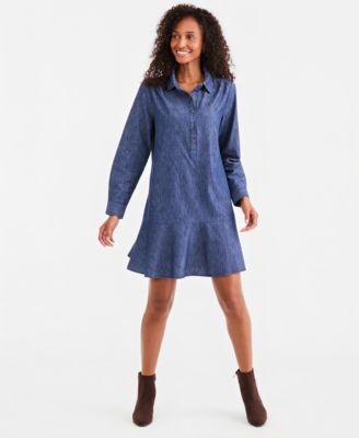 Women's Long-Sleeve Peplum Cotton Shirt Dress