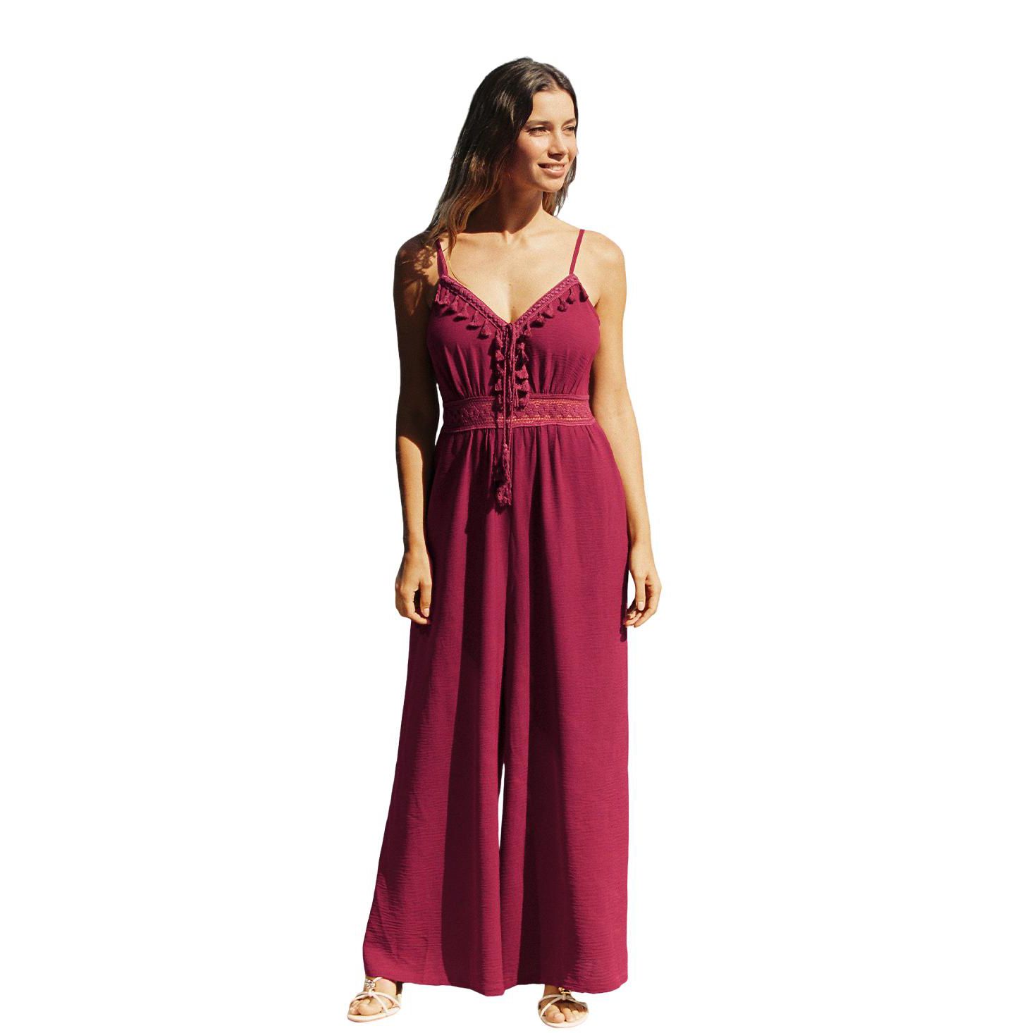 Женский комбинезон Cupshe After Party V-Neck Sleeveless Crochet-Lace Jumpsuit, цвет: Тёмный красный — фото 3