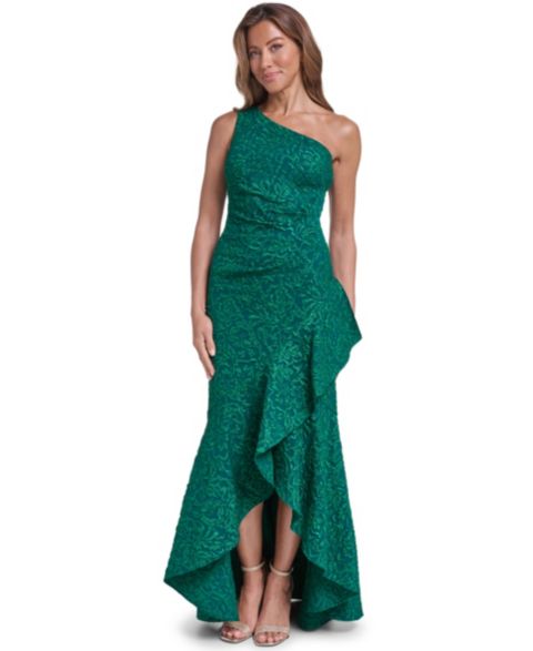 Женское платье Eliza J One-Shoulder Side-Tuck Ruffle-Hem Gown, цвет: Тёмно-зелёный