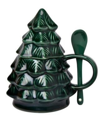 Green Holly Christmas Tree Spoon & Lid Mug