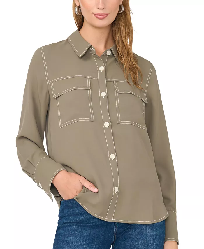 Women's Contrast Stitch Button Front Collared Top - thumbnail 3