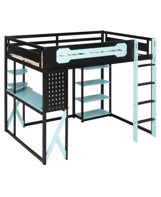 Wood Loft Bed with Desk, Shelves, Power, USB/Type-C, RGB Light