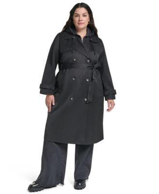 Plus Size Hooded Double-Breasted Belted Coat