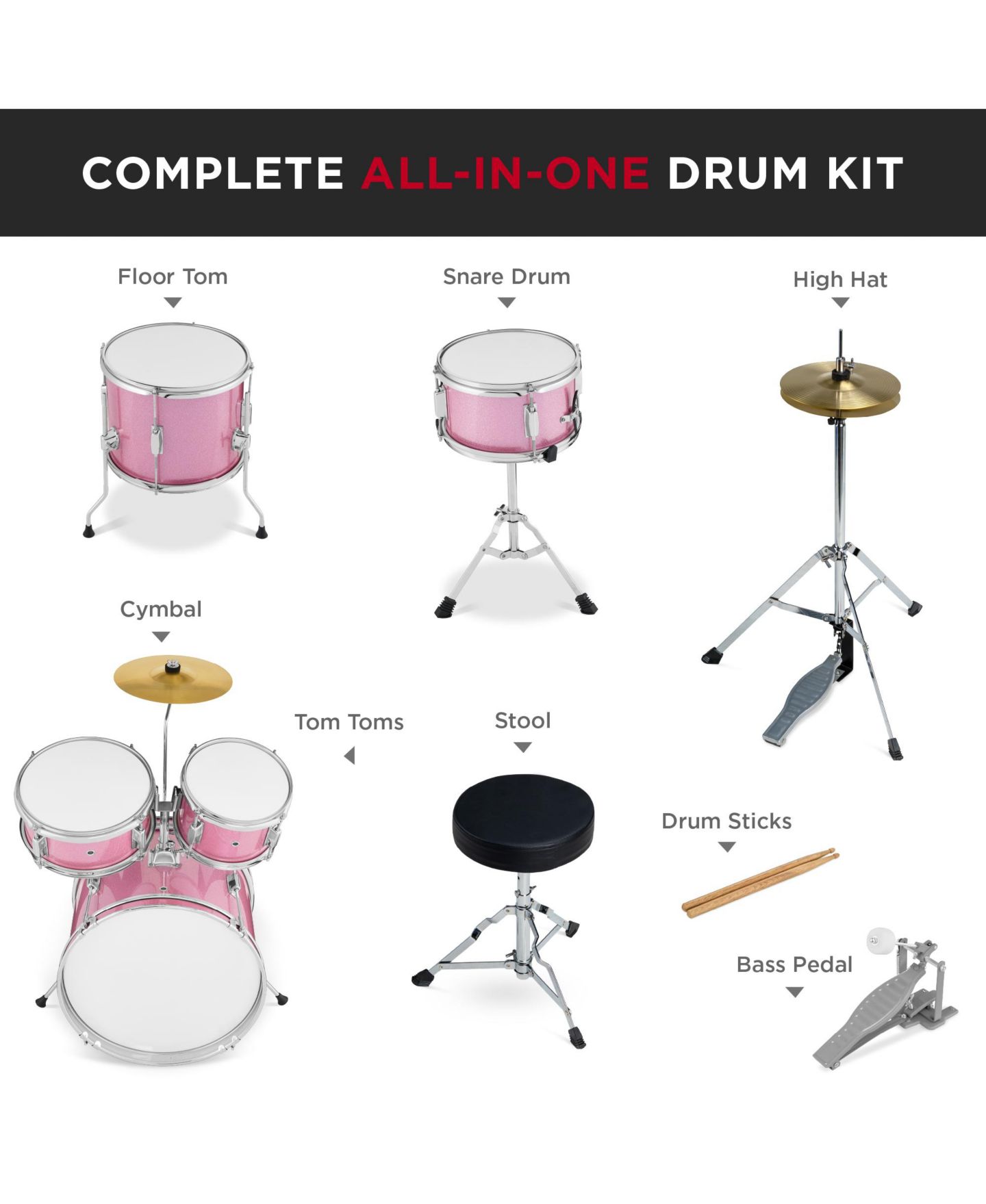 Детские игрушки Best Choice Products Beginner Wood 5-Piece Drum Set, Ages 3+, цвет: Розовый — фото 4