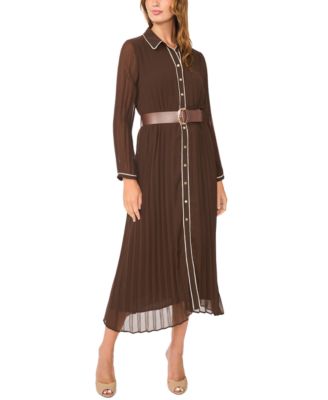 Women's Pleated Long-Sleeve Midi Dress