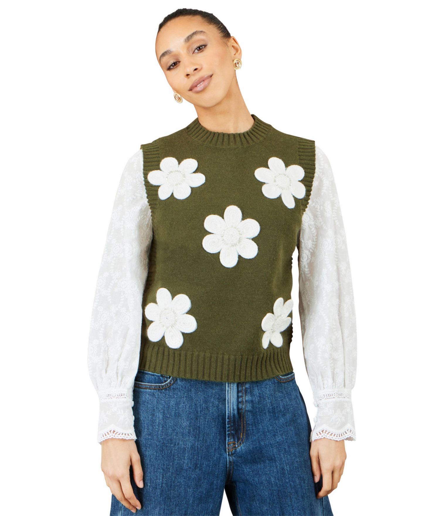 Женский топ Yumi Floral-Print Flower Applique, цвет: Зелёный — фото 1