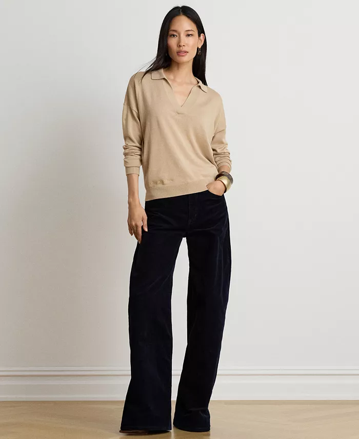 Women's Long Sleeve Polo Ribbed Sweater - thumbnail 2