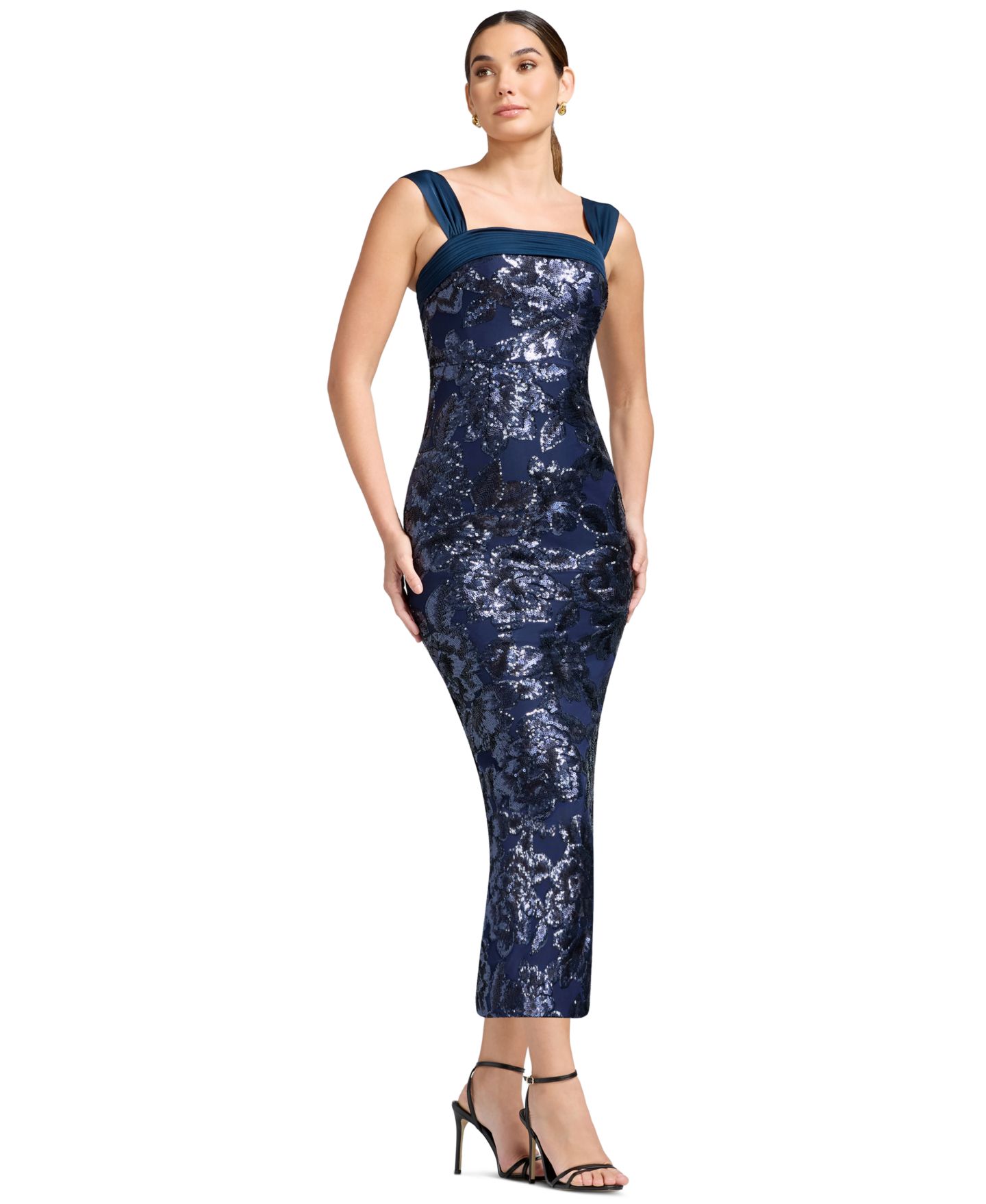 Женское платье Dress the Population Sequin Square Neck Bodycon Tea Length, цвет: Тёмно-синий разноцветный — фото 4