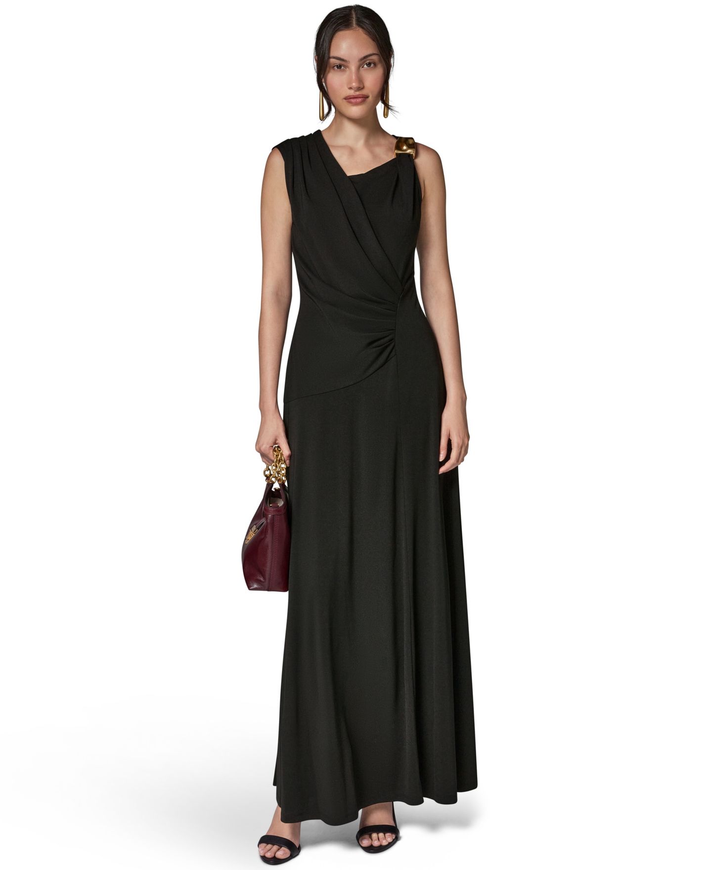 Женские платья Donna Karan New York Asymmetrical-Neck Draped Sleeveless Gown, цвет: Чёрный — фото 1