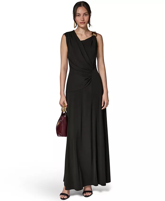 Women's Asymmetrical-Neck Draped Sleeveless Gown