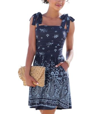 Women's Viscose Printed Tie Strap with Pockets Elastic-Waist Short Dress