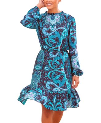 Women's Viscose Paisley Print High Neck Ruffle-Trim Short Dress