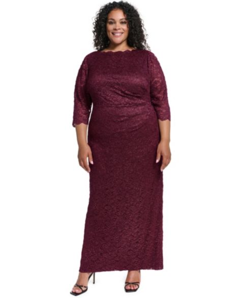 Женское платье Jessica Howard Plus Size Lace Boat Neck 3/4 Sleeve Gown, цвет: Винный